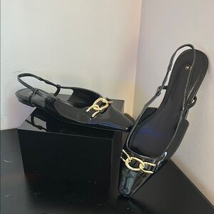 H&M Black Patent Slingback Flats with Gold Accent